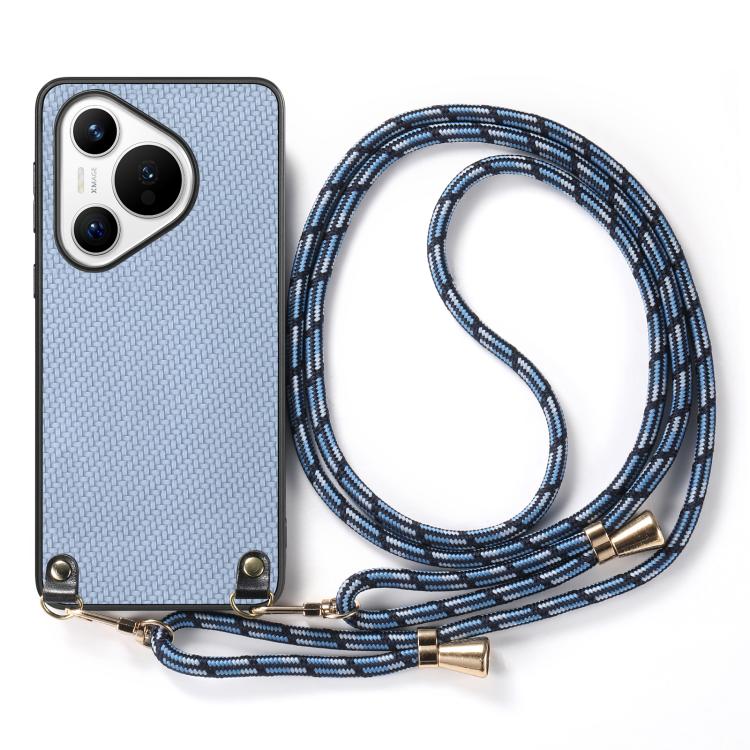 Funda de Cuero con Textura de Fibra de Carbono para Huawei Pura 70 Pro con Correa Cruzada (Azul)