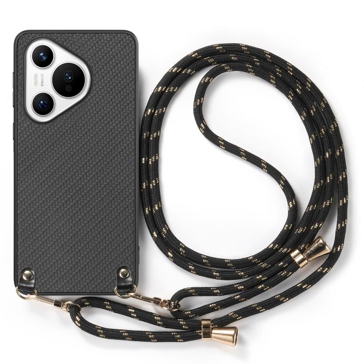 Funda de Cuero con Textura de Fibra de Carbono para Huawei Pura 70 Pro+ con Correa Cruzada (Negro)
