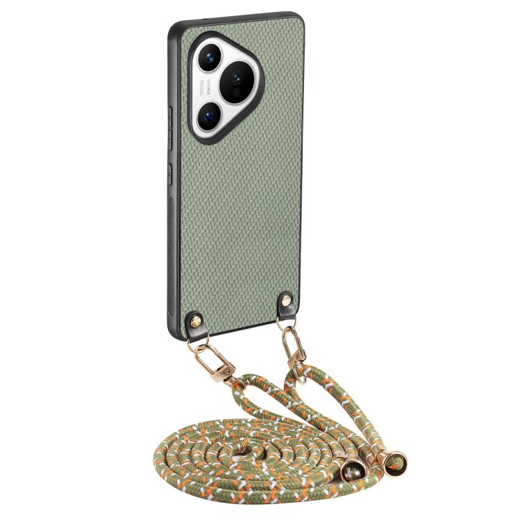 Funda de Cuero Huawei Pura 70 Ultra con Textura Fibra de Carbono y Correa Cruzada (Verde)