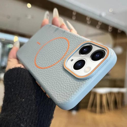 Funda TPU iPhone 11 Pro con Diseño Grano de Lichi y Anillo Magsafe (Azul)