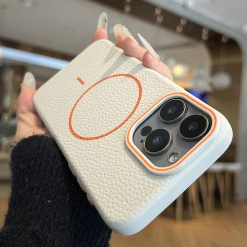 Funda TPU iPhone 12 Pro diseño Grano de Lichi anillo Naranja Magsafe (Blanca)