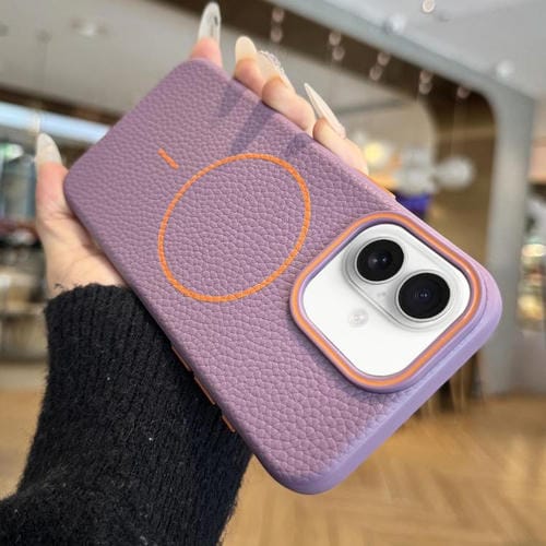 Funda TPU iPhone 16 Plus con Diseño Grano de Lichi y Anillo Magsafe (Morado)