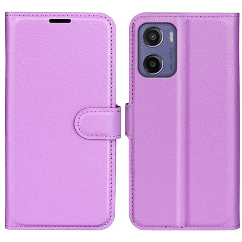 Funda de Cuero con Tapa Horizontal y Textura de Lichi para Motorola Moto E15 con Soporte (Morado)