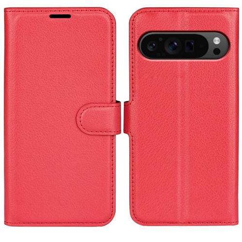 Funda de Cuero con Tapa Horizontal y Textura de Lichi para Google Pixel 9 Pro XL con Soporte (Rojo)