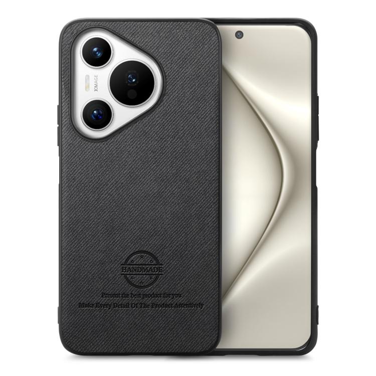 Funda de Piel de Sarga con Parte Trasera de Cuero para Huawei Pura 70 (Negra)