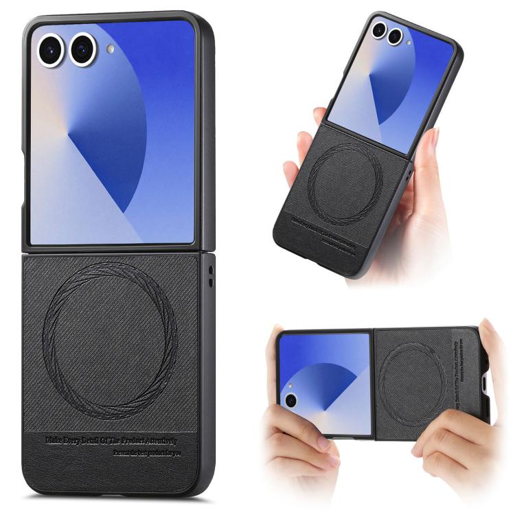 Funda magnética de piel de sarga para Samsung Galaxy Z Flip7 5G (negra)