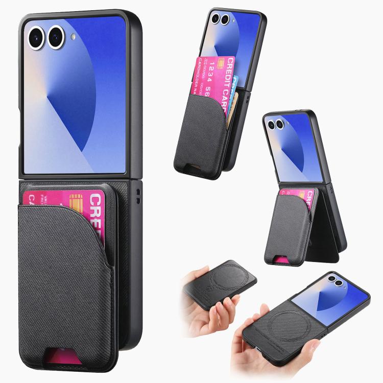 Funda magnética para Samsung Galaxy Z Flip7 5G, de piel y sarga, con tarjetero (negro)