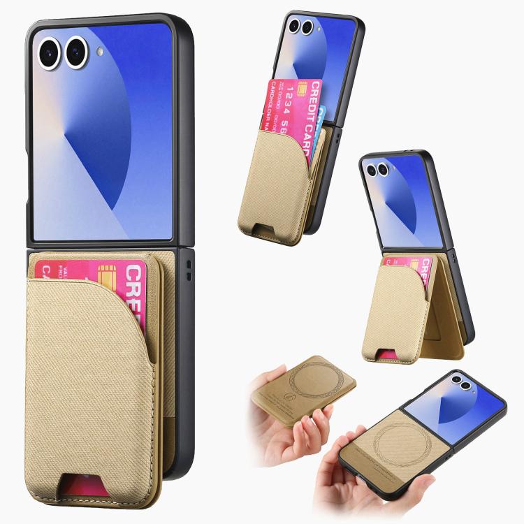 Funda magnética para Samsung Galaxy Z Flip7 5G, de piel y sarga, con tarjetero (caqui)