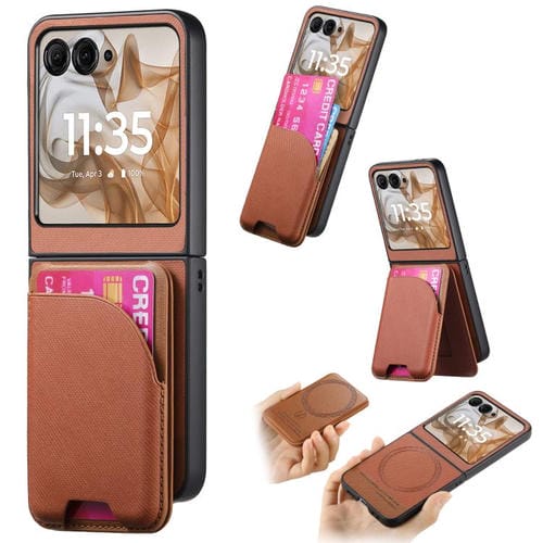 Funda Magnética Motorola Razr 50 de Piel y Sarga con Parte Trasera de Cuero y Tarjetero (Marrón)