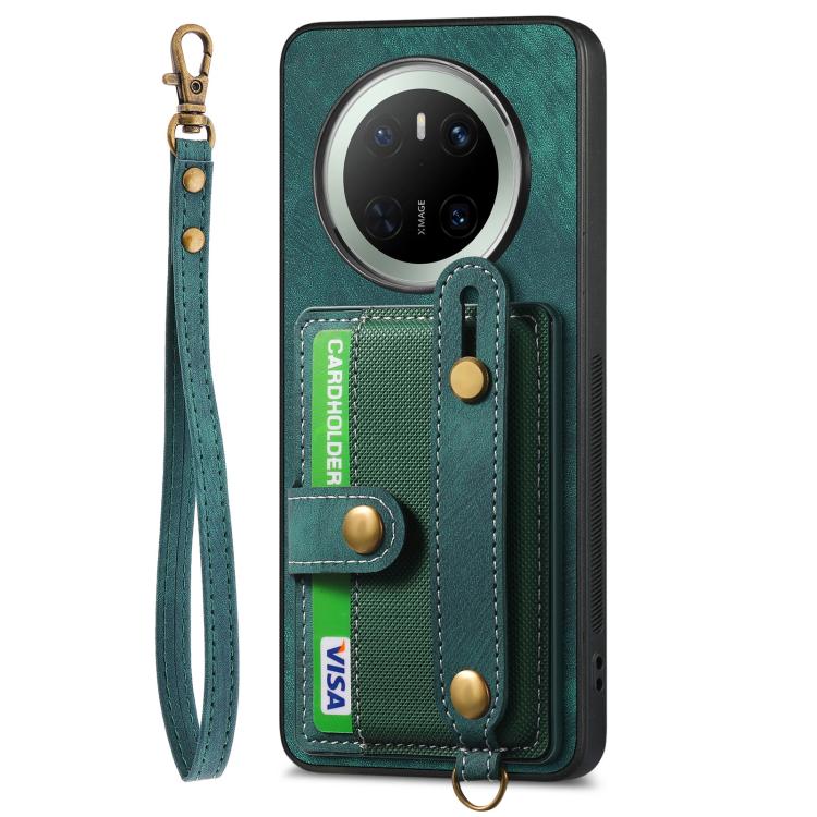 Funda de Cuero Tipo Billetera Huawei Mate 70 Diseño Retro Pulsera Cruzada (Verde)