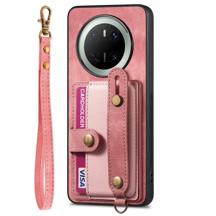 Funda de Cuero Tipo Cartera para Huawei Mate 70 con Diseño Retro y Pulsera Cruzada (Rosa)