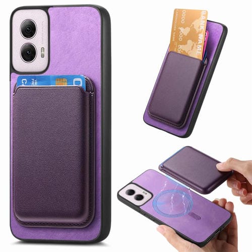Funda Trasera de PU para Motorola Moto G Play 2024 4G con Tarjetero Magsafe Retro (Morado)
