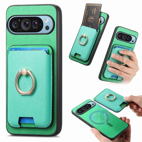 Funda para Google Pixel 9A con Ranuras para Tarjetas y Anillo de Cuero (Verde)
