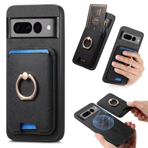 Funda para Google Pixel 7 Pro con Ranuras para Tarjetas y Anillo de Cuero (Negro)