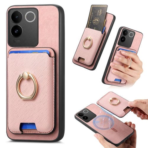 Funda para Vivo S17 / S17 Pro / V29 Pro 5G con Anillo de Cuero Retro Cruzado, Inserto Vertical para Tarjetas, Magsafe (Rosa)