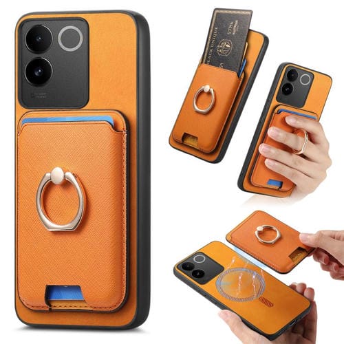 Funda para Vivo Iqoo Neo8/8 Pro con Anillo de Cuero Retro Cruzado y Ranuras para Tarjetas, con Inserción Vertical, Magsafe (Amarilla)
