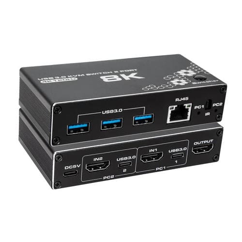 Adaptador Concentrador USB 3.0 K1 2 Puertos HDcp 2.3 RJ45 4K 120 Hz HDMI 2.0B USB-C Conmutador KVM (Negro)