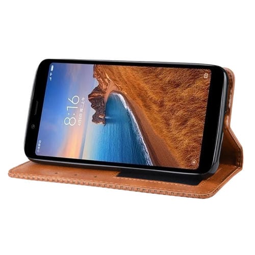 Funda de Cuero con Tapa Horizontal con Textura de Caballo Loco Retro con Hebilla Magnética para Xiaomi Redmi 7A, con Soporte, Ranuras para Tarjetas y Marco de Fotos (Marrón)