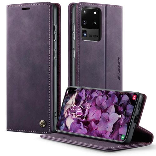 Funda CaseMe 033 para Samsung Galaxy S20 Ultra, forro de piel de becerro, microfibra y bloqueo RFID (morado)