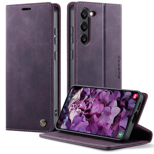 Funda CaseMe 033 para Samsung Galaxy S23 5G, forro de piel de becerro, microfibra, con bloqueo RFID (morado)