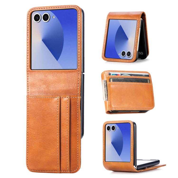Funda de cuero con ranura para tarjetas y tapa vertical para Samsung Galaxy Z Flip7 5G (marrón)