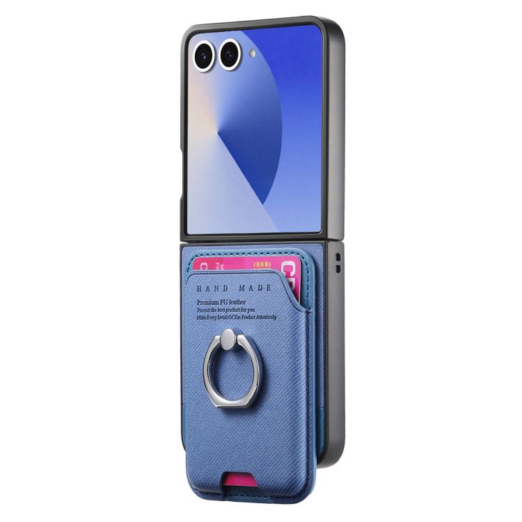 Funda magnética con anillo para Samsung Galaxy Z Flip7 5G, de tela sarga y tarjetero (azul)