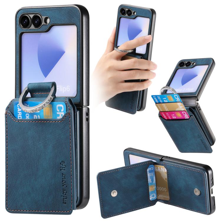 Funda tipo cartera con tapa vertical y anillo de cuero retro para Samsung Galaxy Z Flip5 5G (azul)