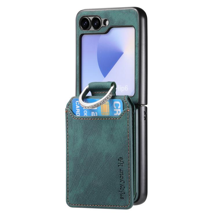 Funda tipo cartera con tapa vertical y anillo de cuero retro para Samsung Galaxy Z Flip5 5G (verde)