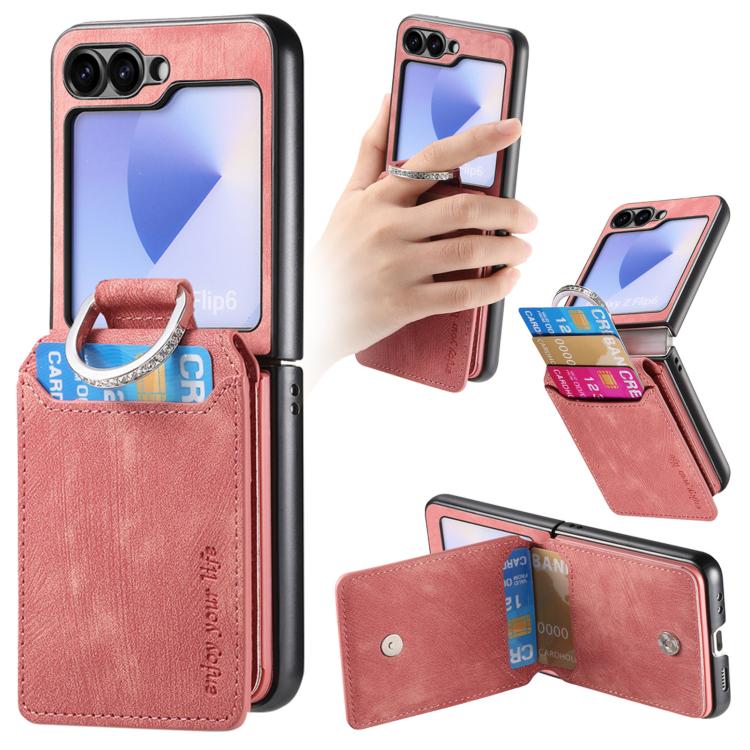 Funda tipo cartera con tapa vertical y anillo de cuero retro para Samsung Galaxy Z Flip5 5G (rosa)