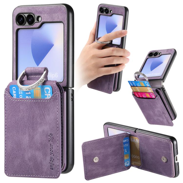 Funda tipo cartera con tapa vertical y anillo de cuero retro para Samsung Galaxy Z Flip5 5G (morado)
