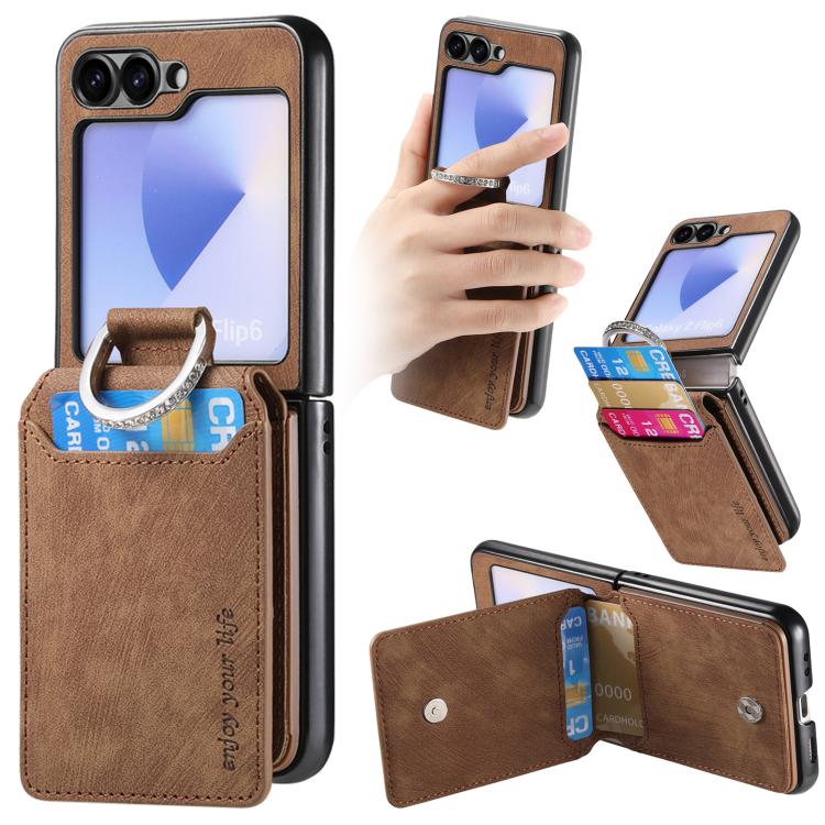 Funda tipo cartera con tapa vertical y anillo de cuero retro para Samsung Galaxy Z Flip6 5G (marrón)