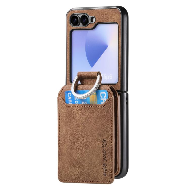 Funda tipo cartera con tapa vertical y anillo de cuero retro para Samsung Galaxy Z Flip6 5G (marrón)