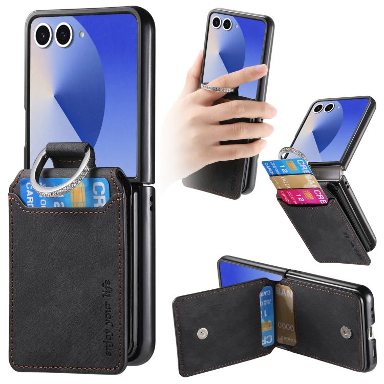 Funda tipo cartera con tapa vertical y anillo de cuero retro para Samsung Galaxy Z Flip7 5G (negro)