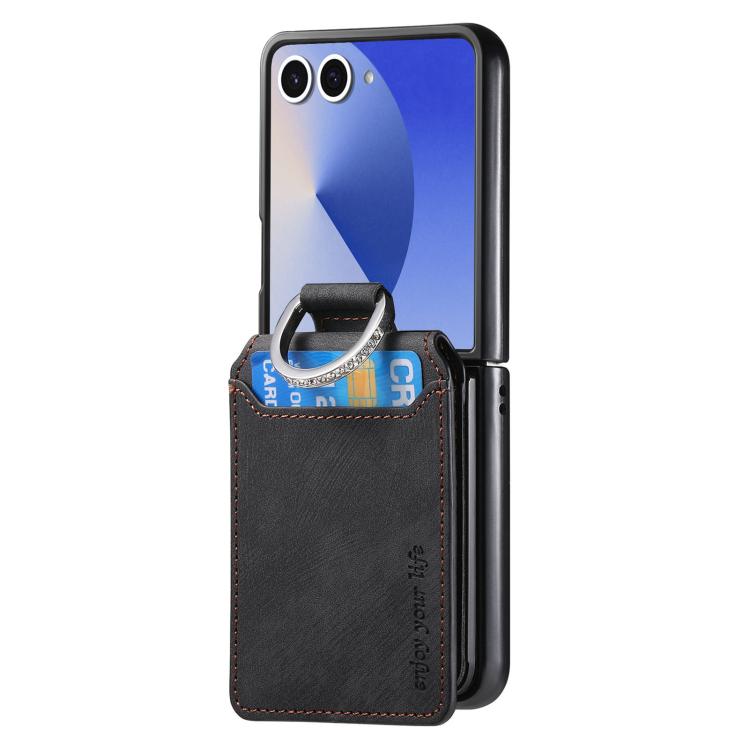 Funda tipo cartera con tapa vertical y anillo de cuero retro para Samsung Galaxy Z Flip7 5G (negro)