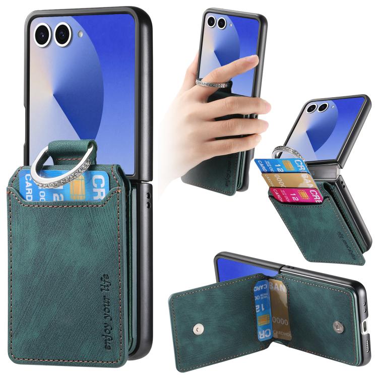 Funda tipo cartera con tapa vertical y anillo de cuero retro para Samsung Galaxy Z Flip7 5G (verde)