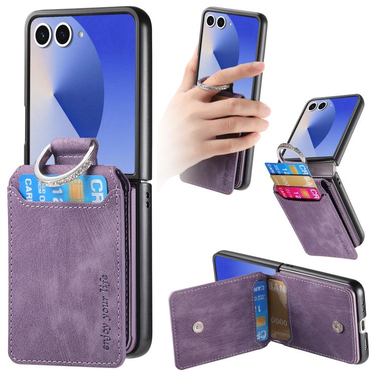 Funda tipo cartera con tapa vertical y anillo de cuero retro para Samsung Galaxy Z Flip7 5G (morado)