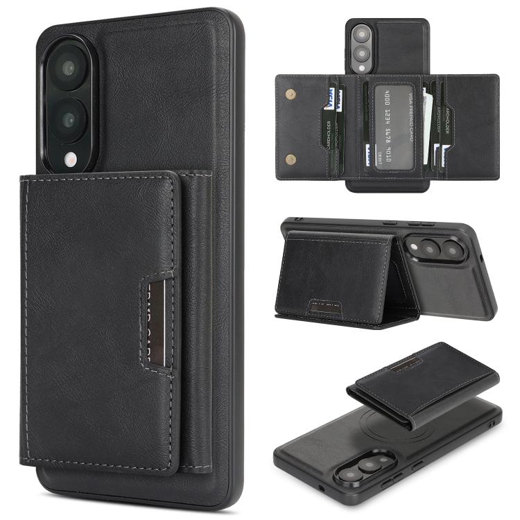 Funda de cuero plegable triple con imán fuerte MagSafe para Samsung Galaxy S25 Edge 5G (negro)