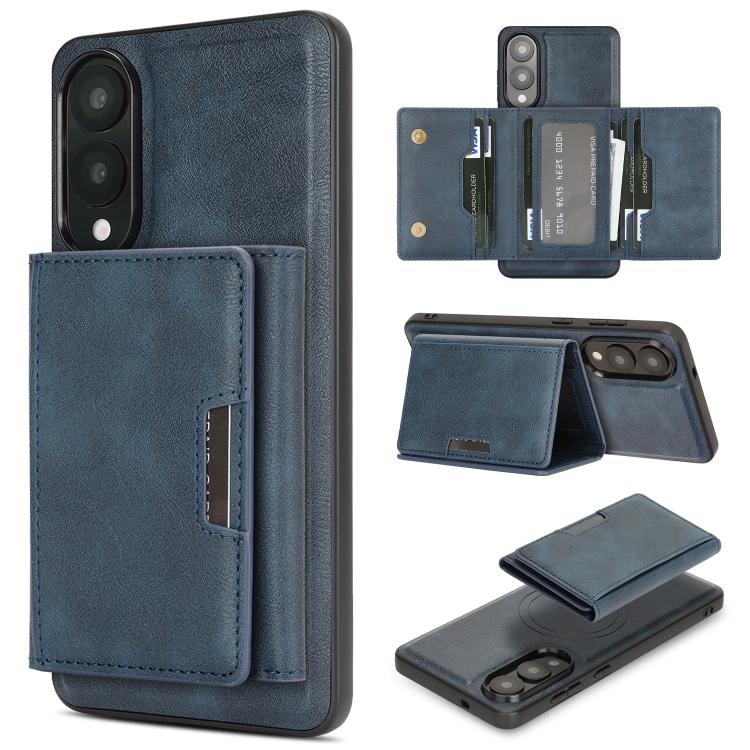 Funda de cuero plegable triple con imán fuerte MagSafe para Samsung Galaxy S25 Edge 5G (azul)