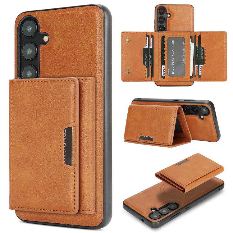 Funda de cuero plegable triple Kalebol con imán fuerte MagSafe para Samsung Galaxy S25+ 5G (marrón)