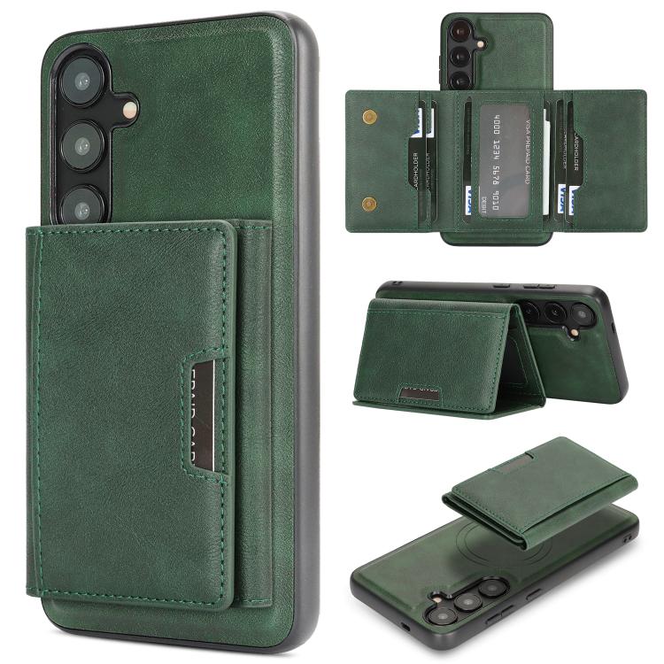 Funda de cuero plegable triple Kalebol con imán fuerte MagSafe para Samsung Galaxy S24+ 5G (verde)