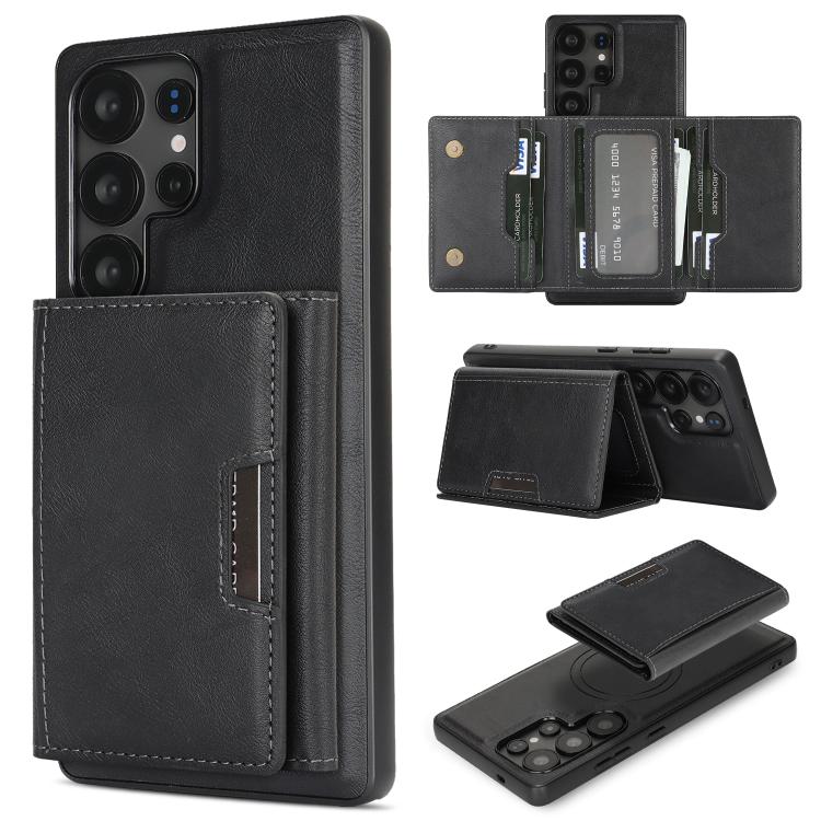Funda de cuero plegable triple con imán fuerte MagSafe para Samsung Galaxy S23 Ultra 5G (negro)