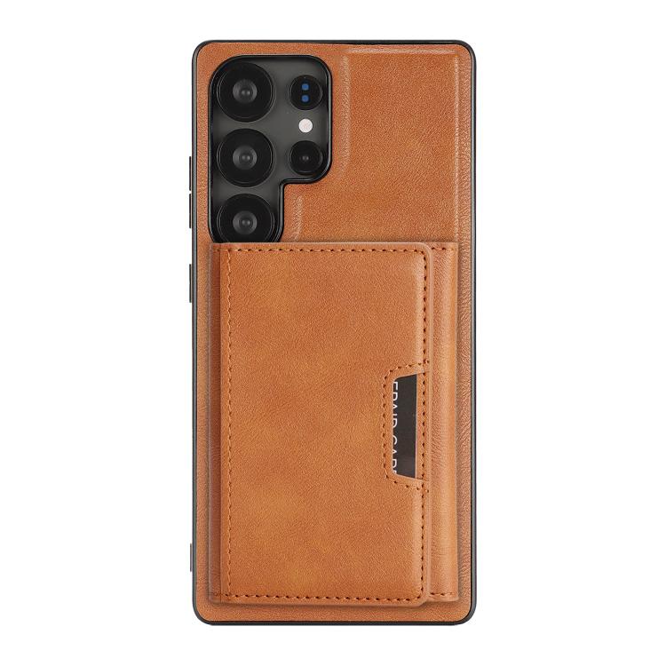 Funda de cuero plegable triple con imán fuerte MagSafe para Samsung Galaxy S23 Ultra 5G (marrón)