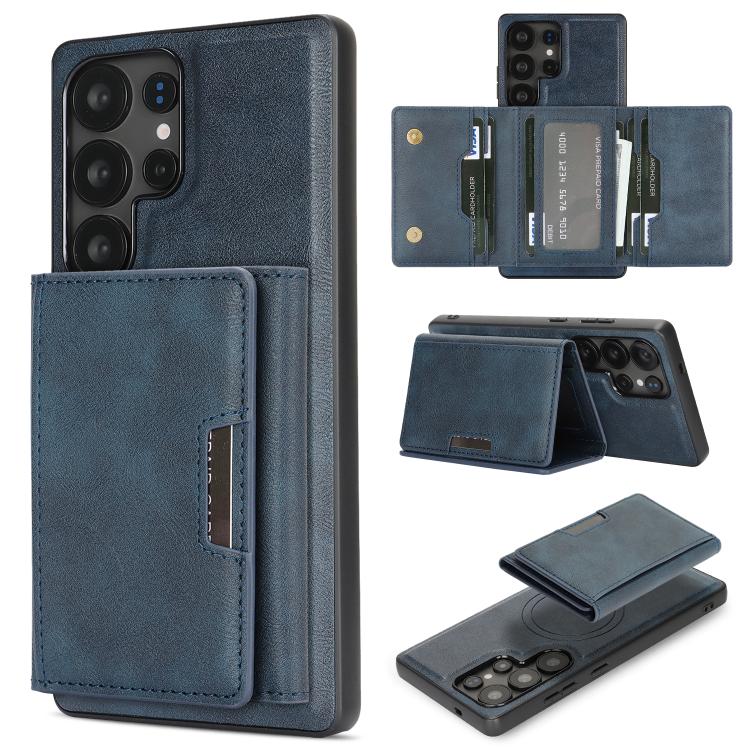 Funda de cuero plegable triple con imán fuerte MagSafe para Samsung Galaxy S23 Ultra 5G (azul)