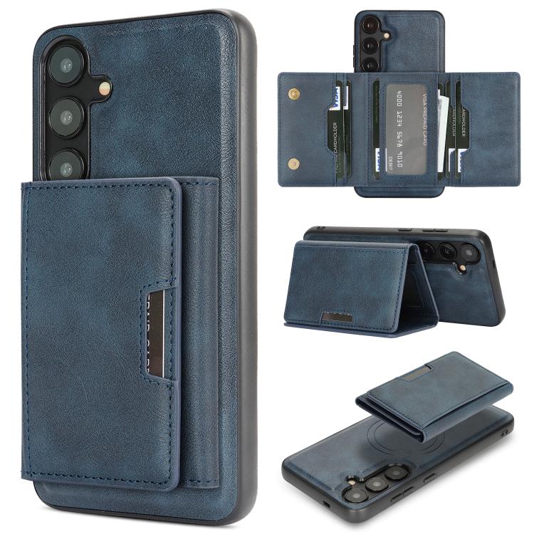 Funda de cuero plegable triple Kalebol con imán fuerte MagSafe para Samsung Galaxy S23 5G (azul)