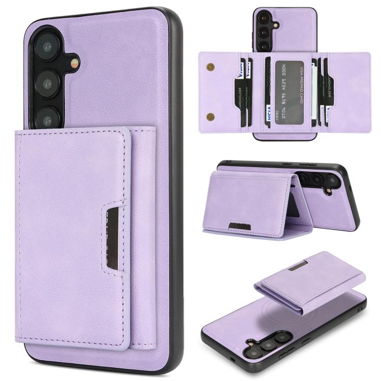 Funda de cuero plegable triple Kalebol con imán fuerte MagSafe para Samsung Galaxy S23 5G (morado)