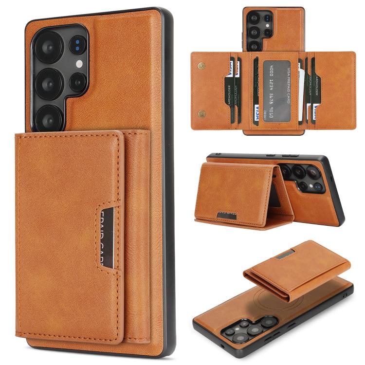 Funda de cuero plegable triple con imán fuerte MagSafe para Samsung Galaxy S22 Ultra 5G (marrón)