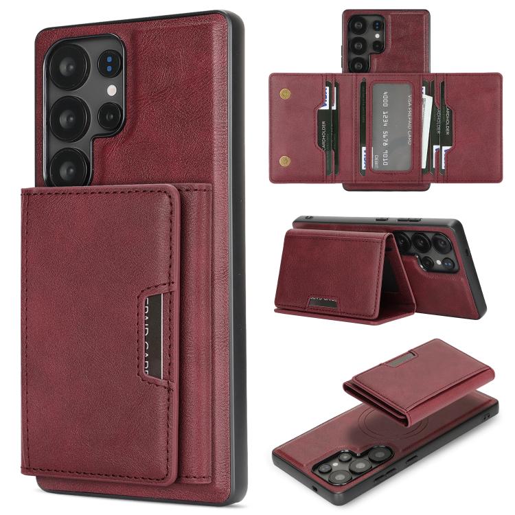 Funda de cuero plegable triple con imán fuerte MagSafe para Samsung Galaxy S22 Ultra 5G (rojo)