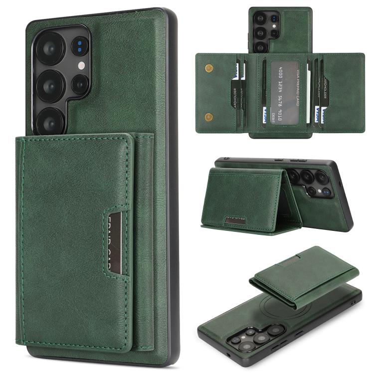 Funda de cuero plegable triple con imán fuerte MagSafe para Samsung Galaxy S22 Ultra 5G (verde)