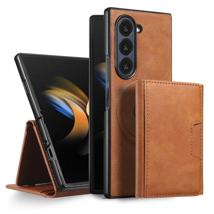 Funda de cuero plegable triple con imán fuerte Kalebol para Samsung Galaxy Z Fold7 (marrón)