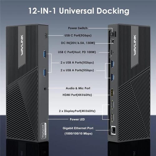 Estación de carga DisplayLink WAVLINK UG69PD24 12 en 1 PD de 100 W para Thunderbolt 4/3 (enchufe estadounidense)